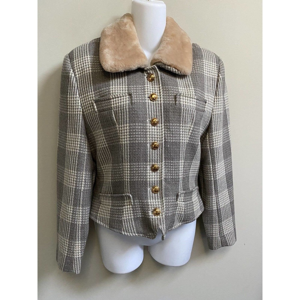 Joseph HO Beige Plaid Faux-Fur Collar Blazer Jacket Size 10
